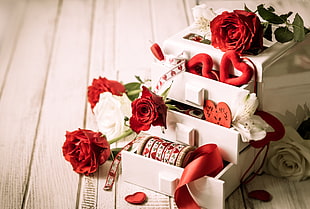 closeup photography of white and red rose flowers beside the cabinet