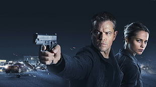 man in black jacket holding semi-automatic pistol with woman in black jacket 3D wallpaper HD wallpaper