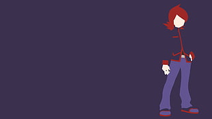 red haired person wearing black long-sleeved top and purple pants illustration, Pokémon, silver, Red (character) HD wallpaper