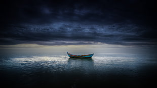 blue and white wooden boat, sea HD wallpaper