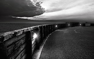 gray concrete wall, monochrome, fence, lights, clouds