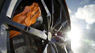 gray Lamborghini multi-spoke vehicle wheel and tire and orange Lamborghini brake caliper, sunlight, sky, car, wheels HD wallpaper