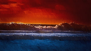 ocean wave painting, artwork, red, sky, waves HD wallpaper