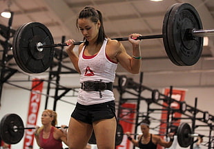 women's white tank top, barbell, CrossFit, skinny, Camille Leblanc