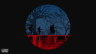 silhouette group of people riding bicycles near leafless trees digital wallpaper