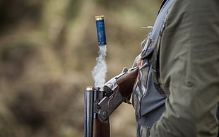 brown and gray shotgun, weapon, shotgun, ammunition, men