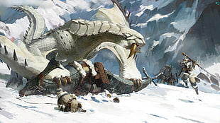 painting of white creature with fang, video games, Monster Hunter, snow, mountains HD wallpaper