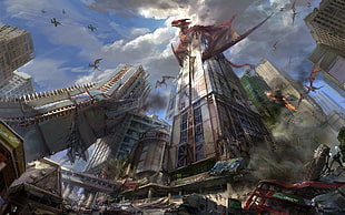 red Dragon on building photo, fantasy art, dragon, destruction, jet fighter