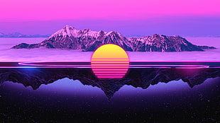 snow capped mountain, landscape, Retrowave