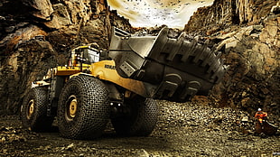 yellow and black heavy equipment wallpaper, construction vehicles, vehicle, men, work