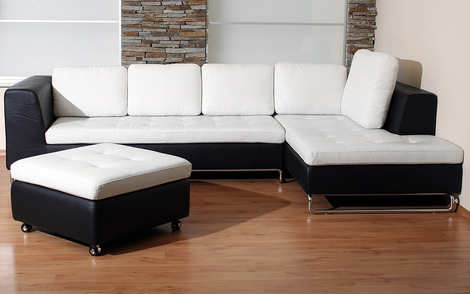 tufted white leather sectional sofa with ottoman HD wallpaper