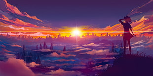 anime character standing on hill during sunrise digital wallpaper, sunset, landscape, purple HD wallpaper