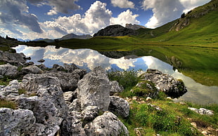 gray rock, nature, lake, reflection, mountains HD wallpaper