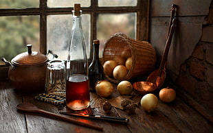 brown wooden framed glass candle holders, Onions, food, spoon, window