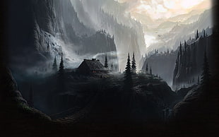 black house surrounded by trees and mountains painting, nature, cabin, mountains, mist HD wallpaper