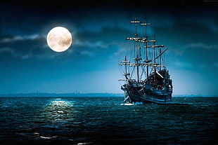pirate ship under the full moon digital wall paper HD wallpaper