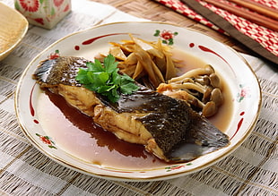 cooked fish served on round white ceramic plate HD wallpaper