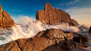 brown rock formation, nature, sea, rock, water