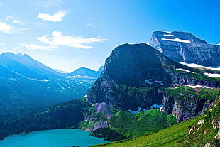 aerial photography of mountain and lake at daytime, nature, landscape, lake, mountains