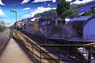 brown steel handrails, anime, landscape, railway, city HD wallpaper