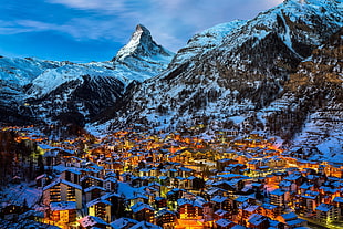 brown and blue concrete building, Zermatt, snow, Alps, Matterhorn HD wallpaper