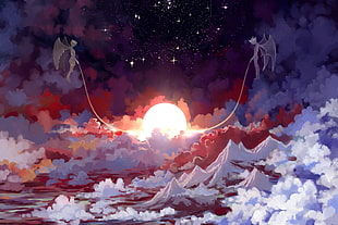 two gargoyles holding rope at the sky illustration, stars, Sun, artwork, fantasy art HD wallpaper