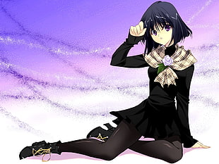 black haired girl in black long-sleeved dress anime character HD wallpaper