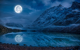 snowy mountains during night with full moon HD wallpaper