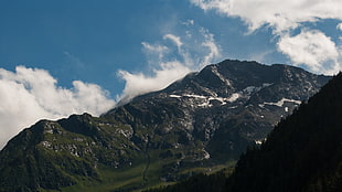 green mountain covered with clouds, mountains, snow, sky, blue HD wallpaper