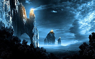 gray mountains, night, fantasy art, digital art, landscape HD wallpaper