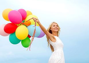 colorful, balloon, women, white dress HD wallpaper