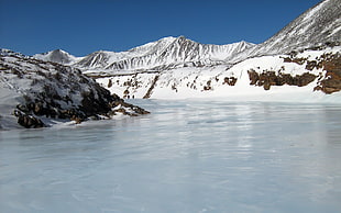 ice lake near snow covered mountains HD wallpaper