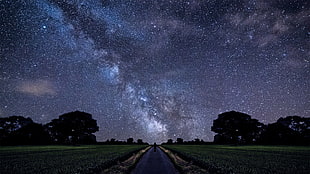 gray concrete road, stars, Milky Way, alone, road HD wallpaper