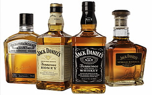 four Jack Daniel's whiskey bottles, Jack Daniel's, drink, alcohol, whiskey HD wallpaper