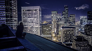 gray concrete building, city, cityscape, night, rooftops HD wallpaper