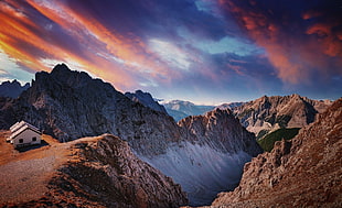 white painted house, nature, landscape, mountains, clouds