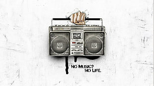 gray boombox illustration with text overlay, artwork, music, typography HD wallpaper