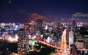 city skyline during nightime, long exposure, cityscape, lights HD wallpaper
