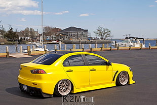 yellow sedan, car, yellow cars, Mitsubishi Lancer Evo X, harbor HD wallpaper