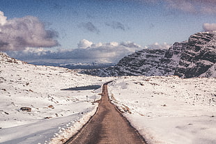 brown concrete road, Snow, Mountains, Road HD wallpaper