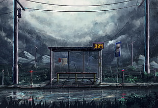 two gray posts, artwork, Sylar, rain, bus stations HD wallpaper