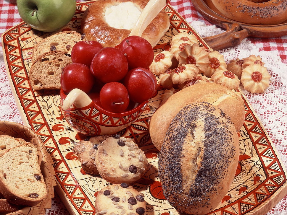 red fruits and brown breads HD wallpaper