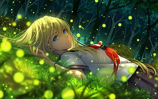 green haired anime character in school uniform lying on green grass