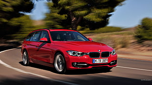 red BMW station wagon, BMW 3, BMW, road, red cars HD wallpaper