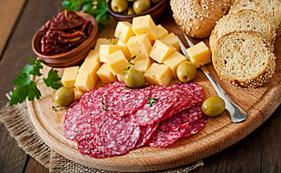 assorted variety of foods, food, bread, cheese, sausage HD wallpaper