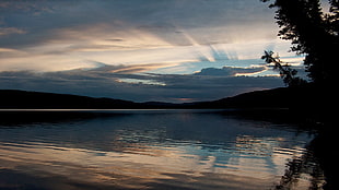 white and blue boat on body of water painting, landscape, sky, nature, water