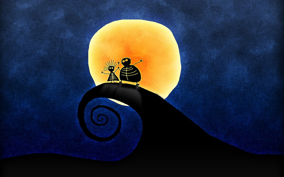 silhouette of two person on top of the spiral cliff under the bright new moon illustration HD wallpaper
