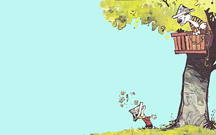 illustration of tiger on tree house, Calvin and Hobbes HD wallpaper