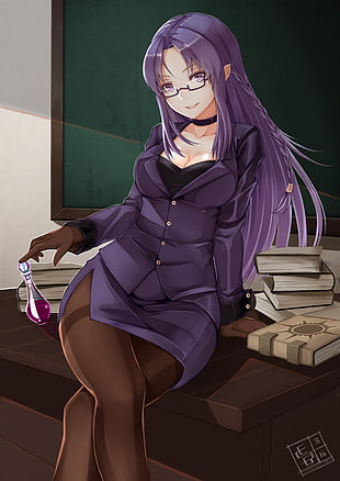 purple haired female anime character illustration, Caster (Fate/Stay Night), Fate Series, glasses, pantyhose HD wallpaper
