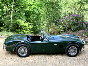 green classic convertible coupe parked on grey pavement